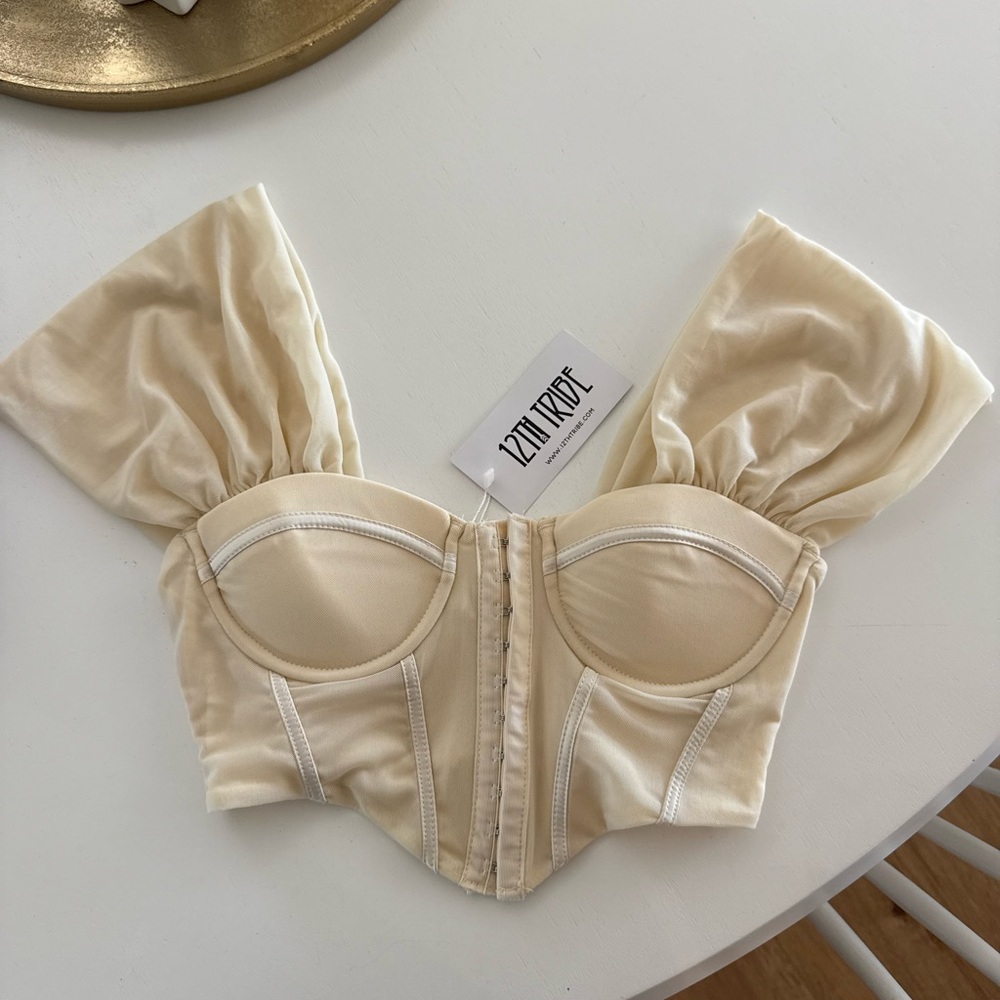 12th Tribe Cream Bustier Bandeau with Puff Sleeves
